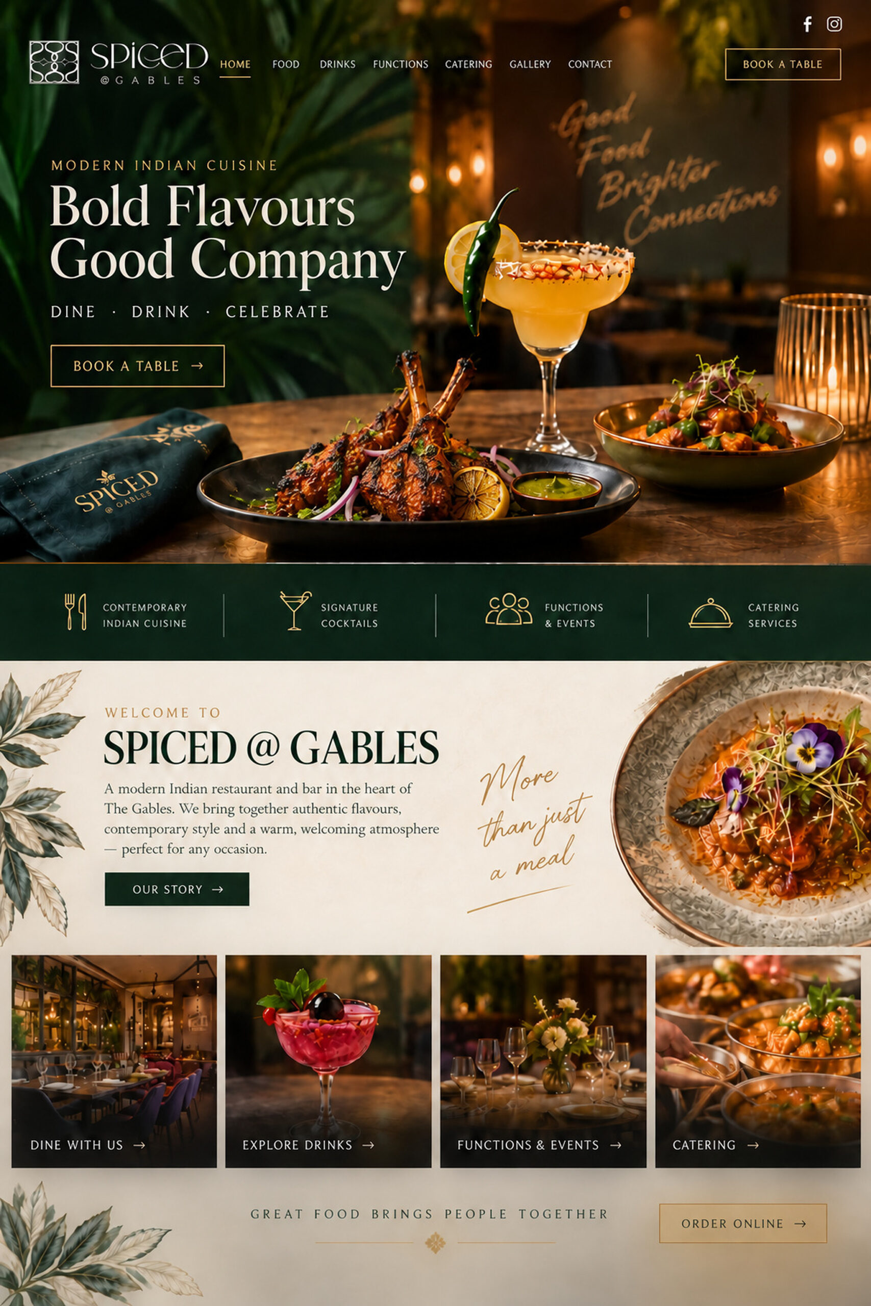 Spiced at Gables premium dining homepage featuring Indian cuisine, signature cocktails, functions and catering